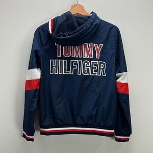 Tommy Hilfiger Vintage Style Windbreaker Red White Blue Hooded Spell Out XS Y2K